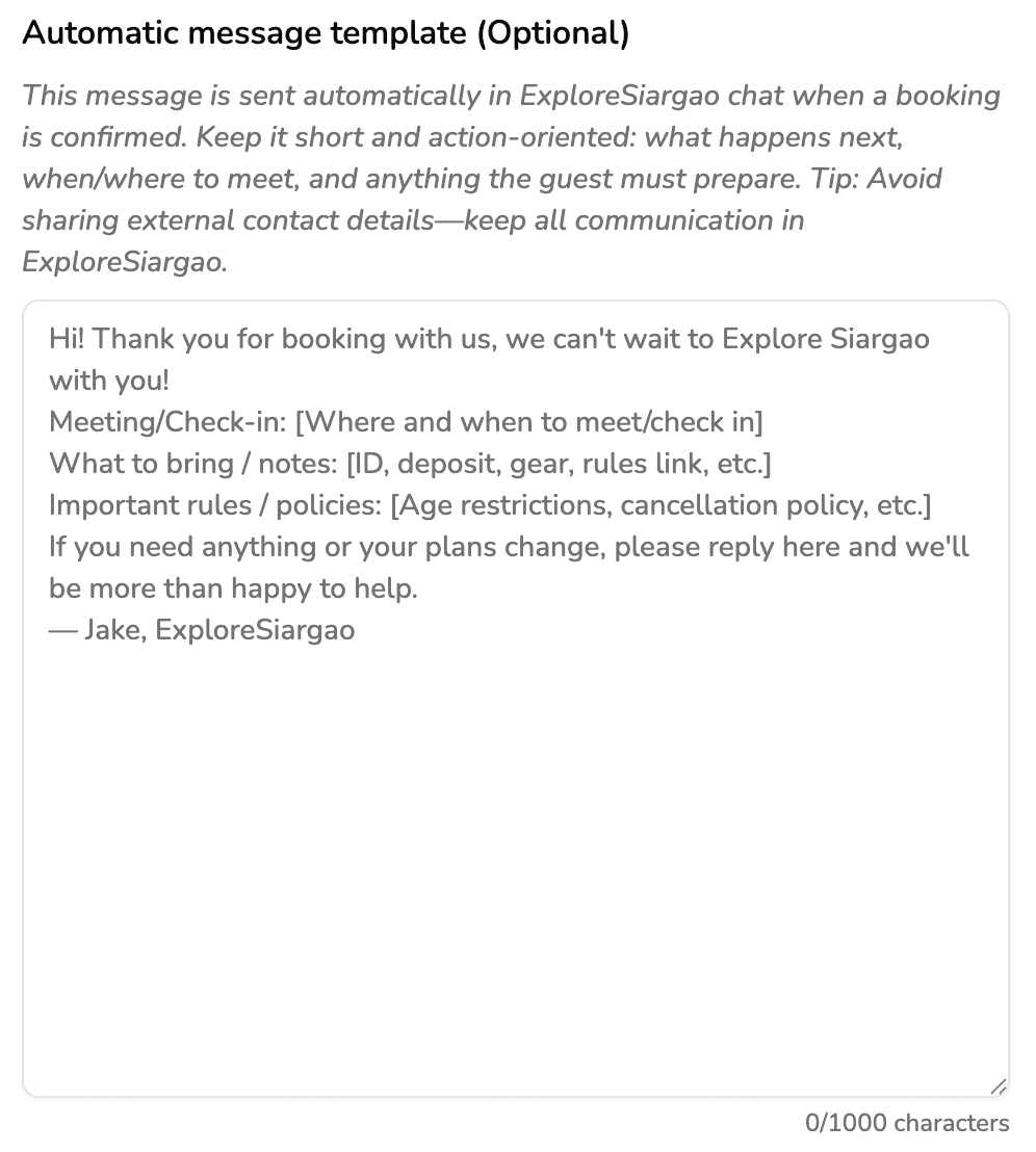 Host Automatic Message Template Exploresiargao